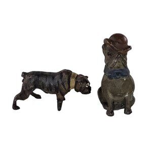 Vintage Miniature Metal Bulldog Wearing Derby Hat Figurine Germany + Bonus Dog